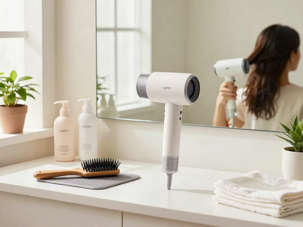 Hochgeschwindigkeits-Haartrockner gegen Frizz für glatte Haare in stilvollem Badezimmer.