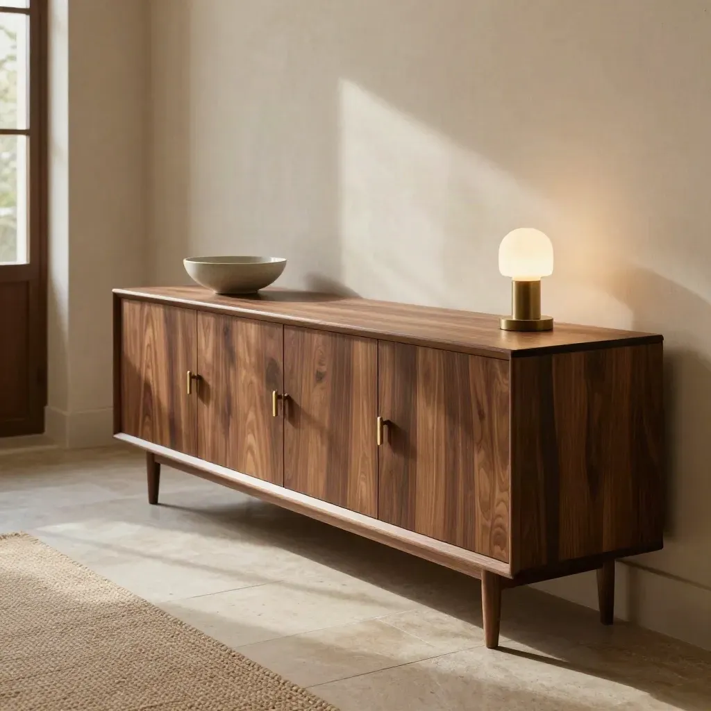 Dunkles Sideboard mit Keramikschale und Lampe in heller Flurnische.