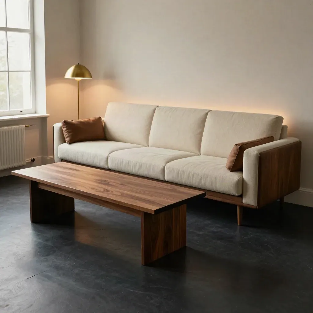 Dramatisches Wohnzimmer-Set mit Sofa, Couchtisch und Leuchte auf dunkler Bühne