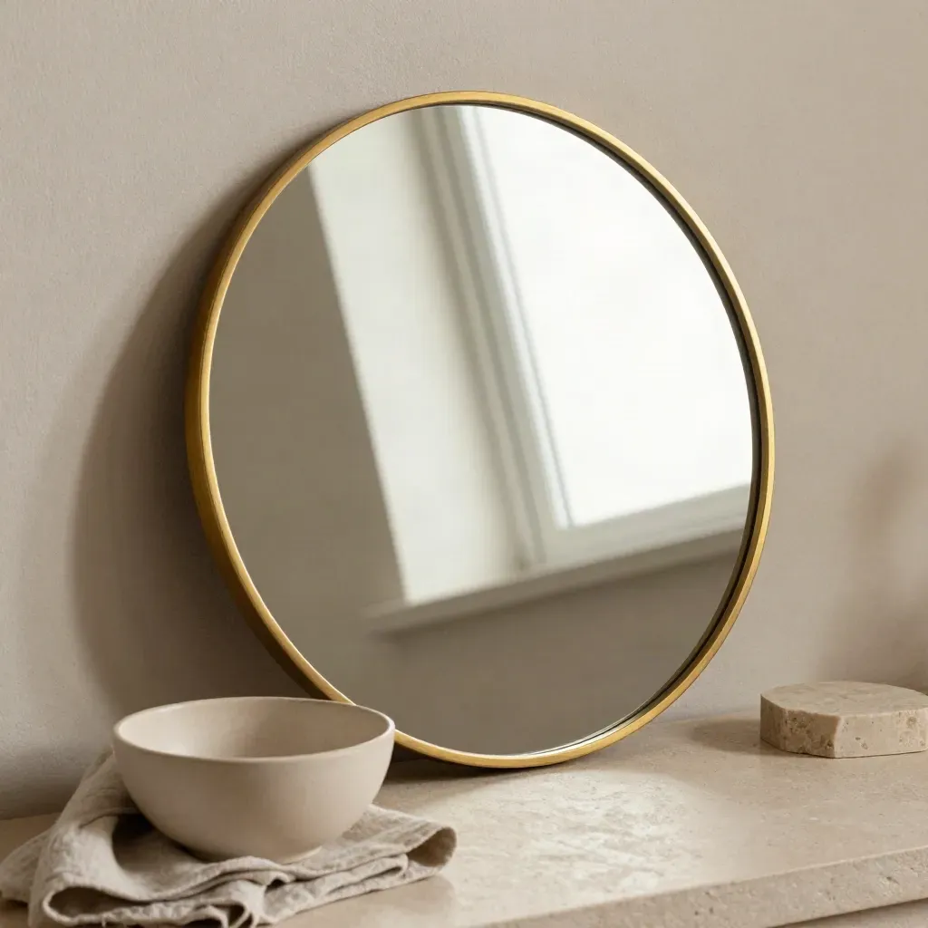 Runder Wandspiegel mit Messingrahmen lehnt an heller Putzwand, mit Creme-Deko.